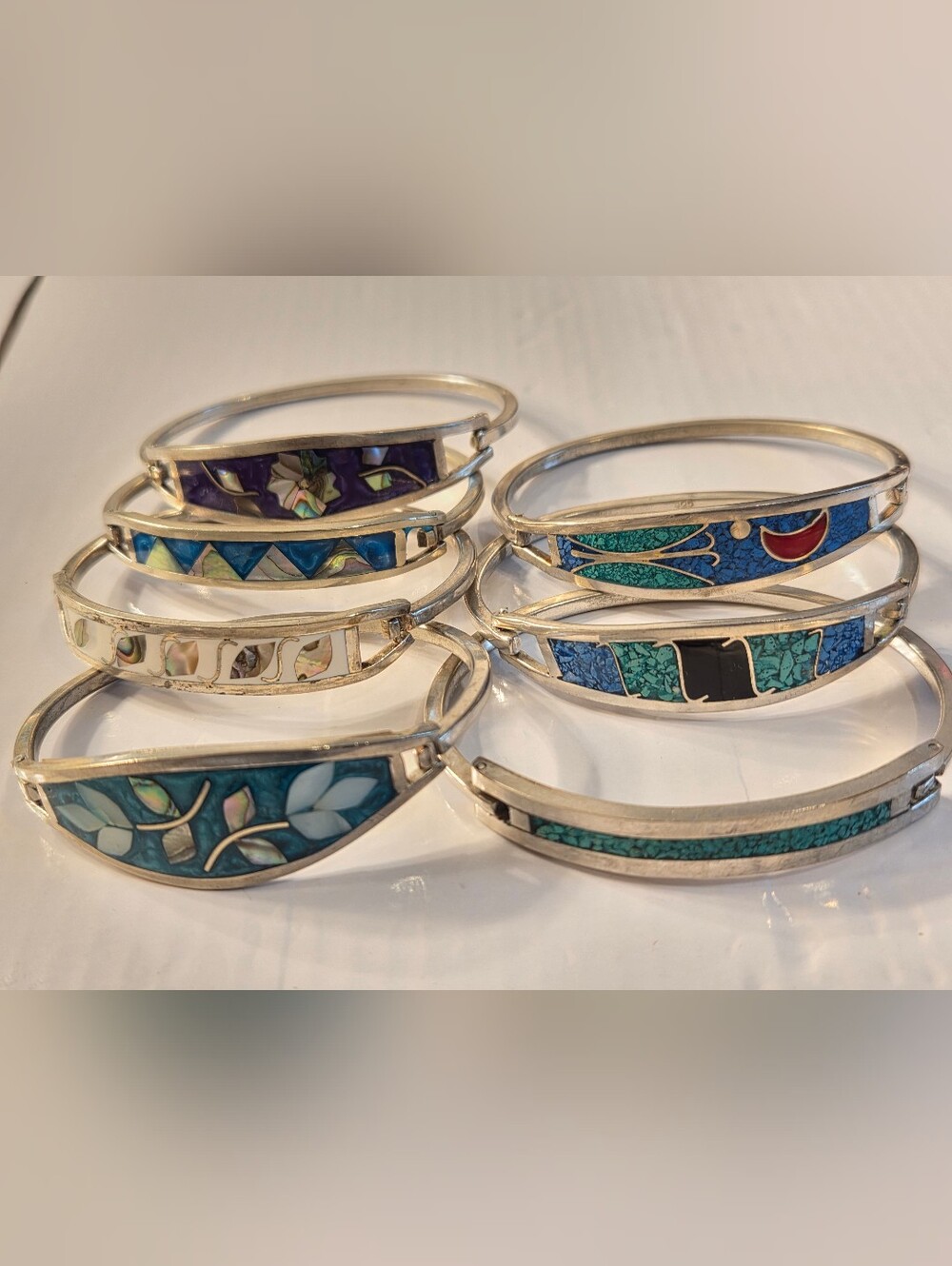 Sterling Silver Filled  Blue and Teal Inlay Bangle Bracelet - Picture 4 of 16